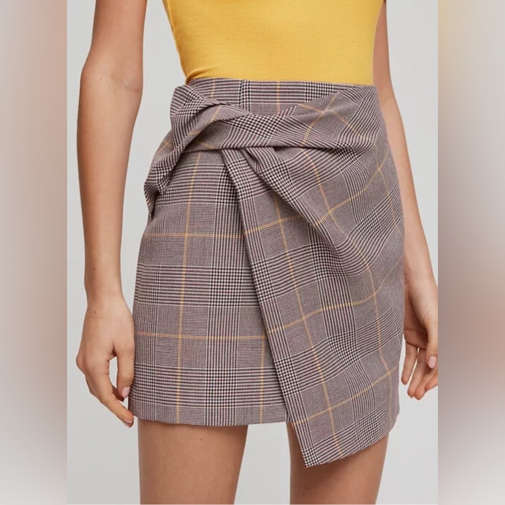 Aritzia Babaton Brown Yellow Plaid Hidden Zip Jethro Faux Twist Wrap Mini Skirt